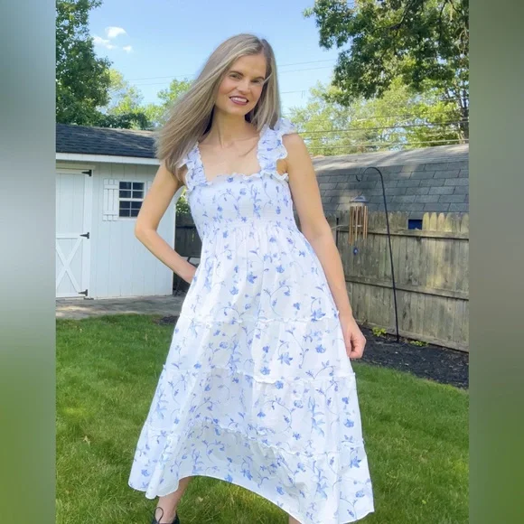 Hill House White Ellie Nap Dress Blue Botanica Smock Floral grad bump friendly - Picture 4 of 16